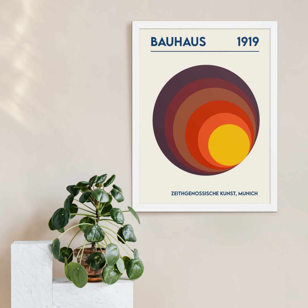 White-framed Bauhaus Sunrise poster from 1919 – retro abstract print with warm circular gradients for minimalist walls.