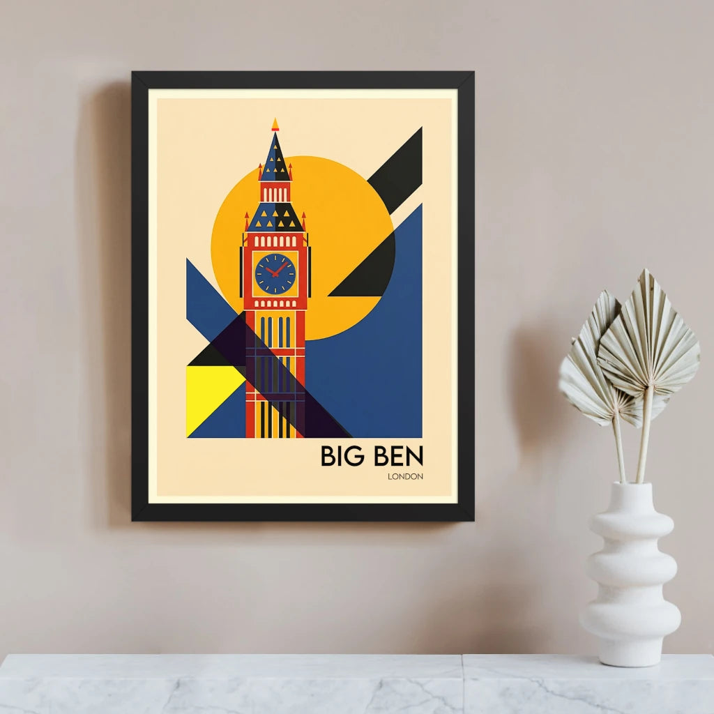 Bauhaus Big Ben poster in a black frame, with the London clock tower in red, blue and yellow set against a large golden sun and angular navy and black shapes on a warm cream background.