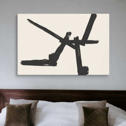  A sleek black brushstroke abstract painting is mounted above a neutral-toned bed, adding artistic flair to a minimalist bedroom. The monochrome palette gives the space a modern and sophisticated feel.