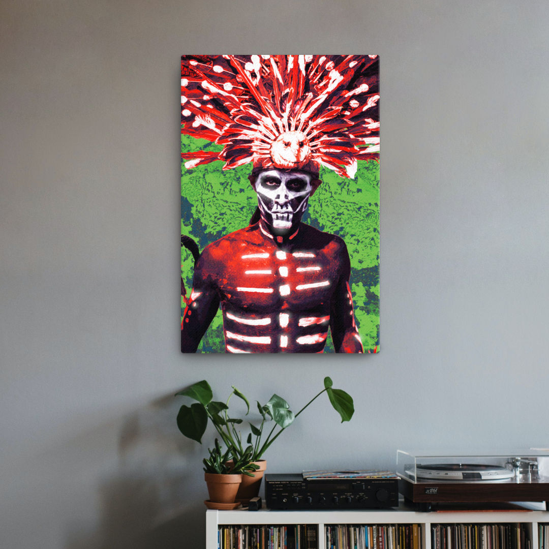 Mockup image of a vibrant canvas print featuring a tribal leader adorned in colorful body paint. The leader is standing tall with a commanding expression and is surrounded by a warm and earthy background