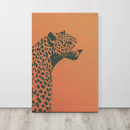 Close-up of Dusk Cheetah canvas print featuring a stylized cheetah silhouette on an orange background, perfect for trendy wildlife wall art.

