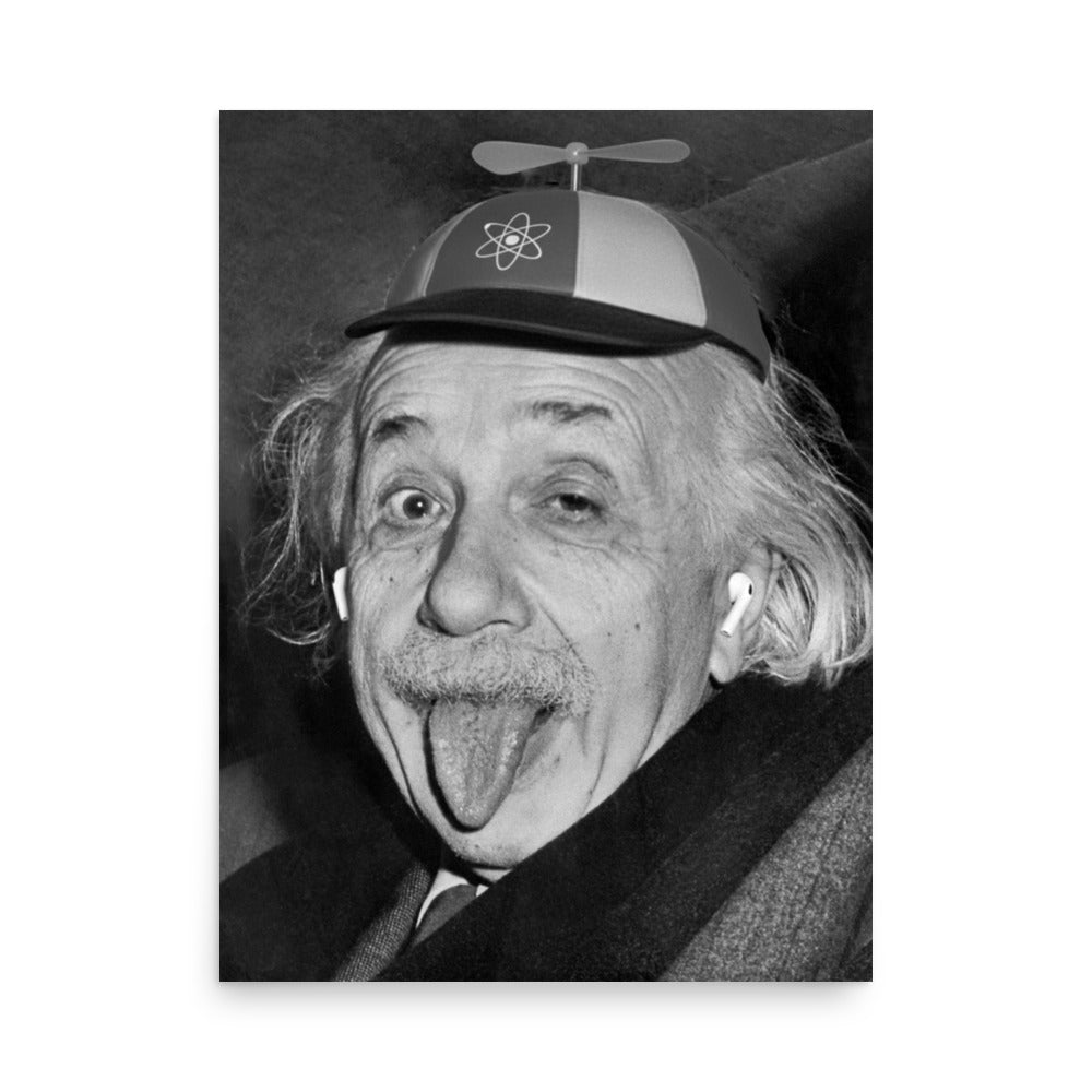 Black and white portrait photograph of Albert Einstein sticking his tongue out, wearing a propeller hat decorated with an atom symbol, vintage poster print. Product mockup