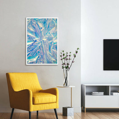 Blue Botanical Burst abstract floral wall print displayed in a bright living room with a mustard yellow armchair, minimalist décor, and a white vase of flowers, highlighting modern interior styling.