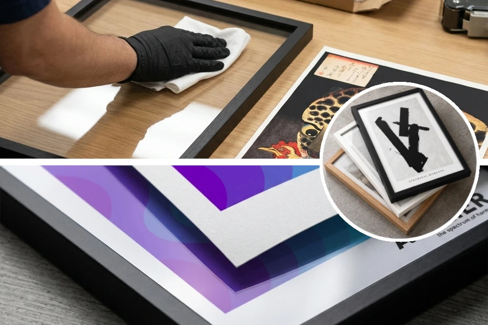 A framed art print or poster shown in a workspace setting, with a gloved hand wiping a frame and an inset showing stacked framed prints. The product appears to be framed wall art or a print in a black frame on a wooden desk.