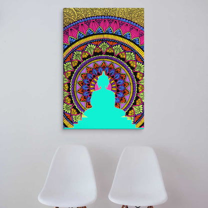Eye-catching mandala canvas print in a clean, Scandinavian-inspired room with white chairs — adding a splash of boho charm to modern decor.