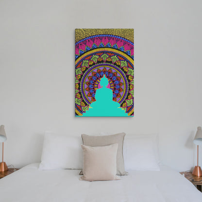 Bold mandala wall art displayed above a cozy bed with neutral tones, creating a serene and artistic bedroom centerpiece.