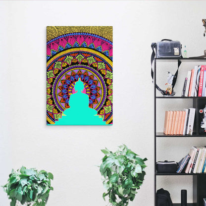 Colorful mandala art canvas print against a minimalist white wall, complemented by fresh greenery and modern shelving — ideal for brightening up any space
