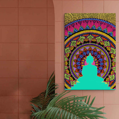 Vibrant mandala canvas print in a bohemian-style room with warm terracotta walls and lush green plants — a perfect blend of color and tranquility.