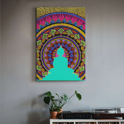 Bohemian mandala art canvas print on a neutral-toned wall, styled with rustic decor and a touch of greenery — a statement piece for any living space.