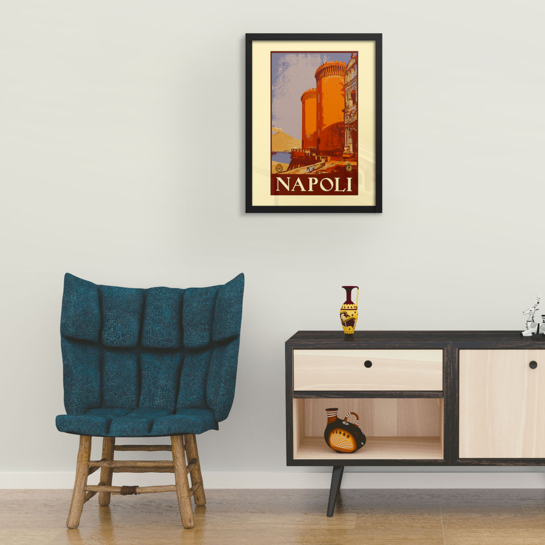 Mockup image of the framed art print featuring a vintage travel poster of Napoli. The captivating composition showcases iconic landmarks and the lively atmosphere of the city, evoking a sense of wanderlust and nostalgia. The art print is showcased in a [black/white/red oak] frame, available in various sizes.