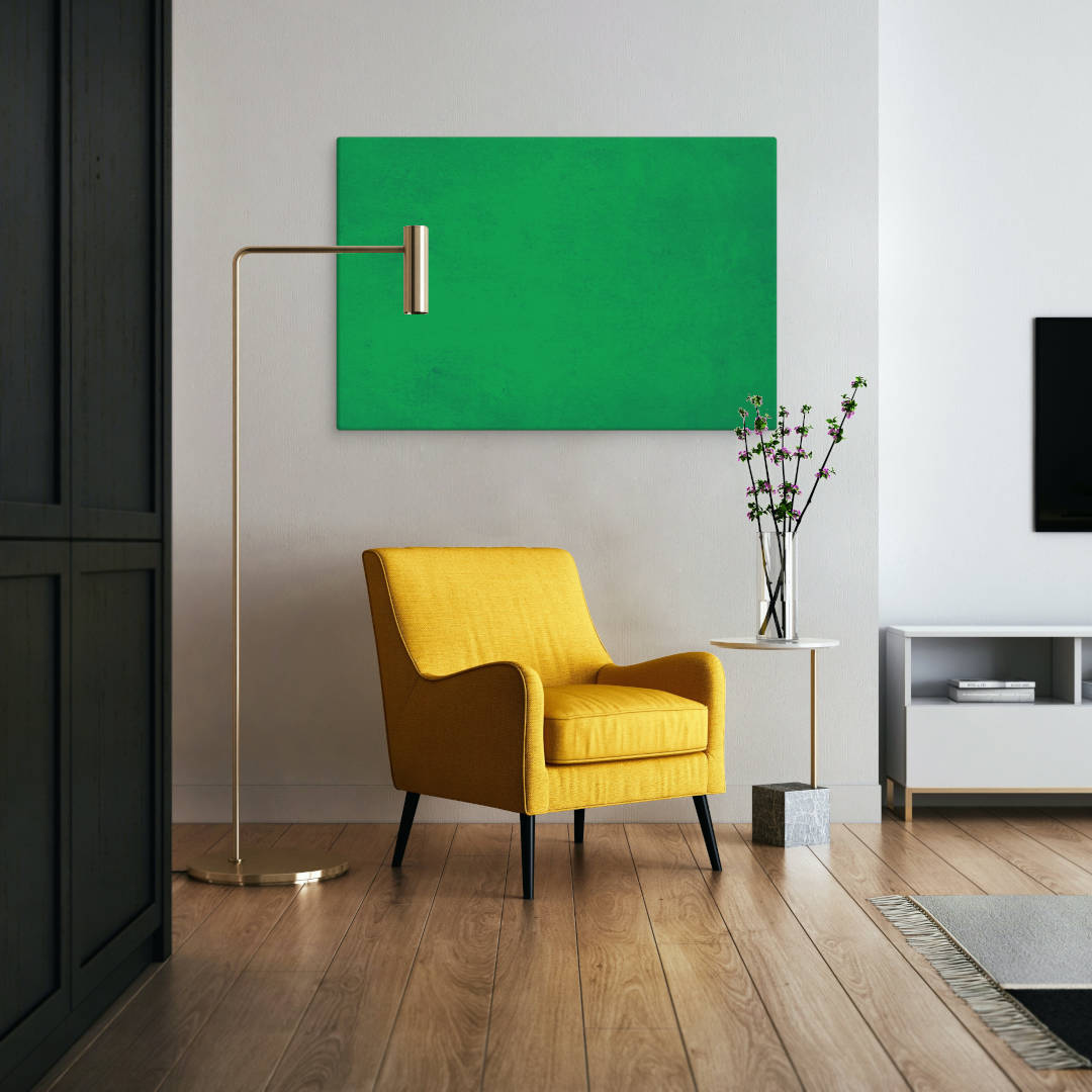 
Bold pantone green abstract canvas print in stylish living space with yellow accent chair. Contemporary living room pictures perfect for modern home decor and gallery wall displays.