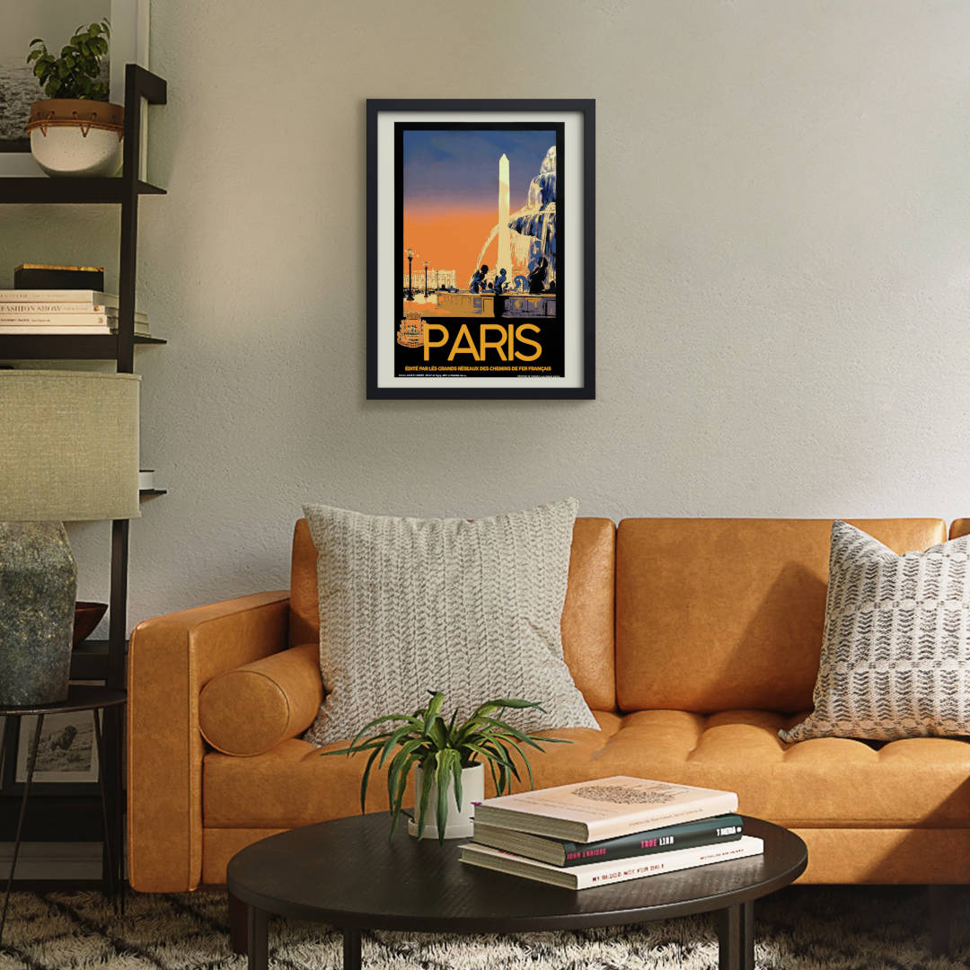 Mockup image of the framed art print featuring a vintage travel poster of Paris. The captivating composition showcases iconic landmarks and the vibrant energy of the city, evoking a sense of wanderlust and nostalgia. The art print is showcased in a [black/white/red oak] frame, available in various sizes.