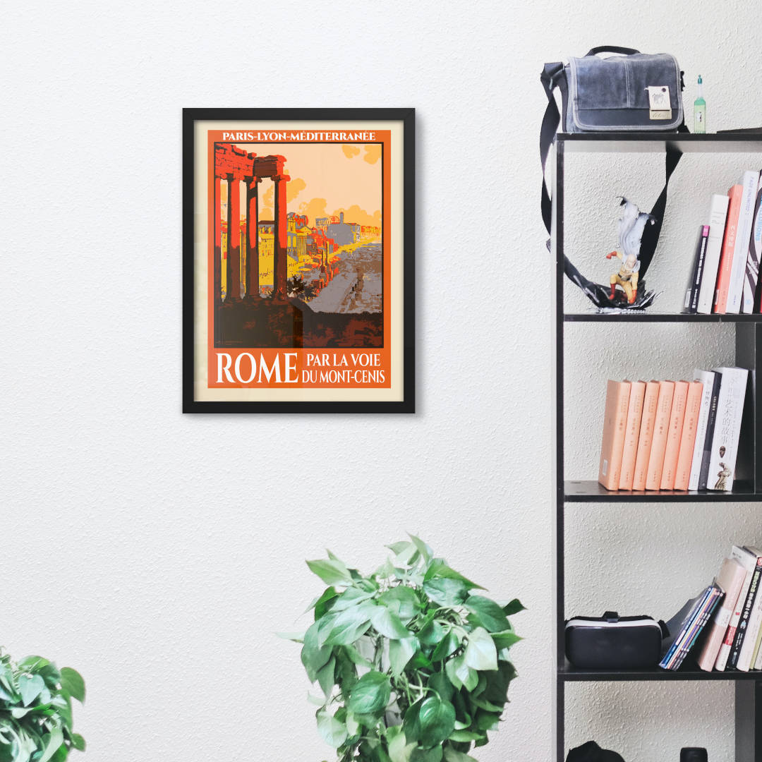 Mockup image of the framed art print featuring a vintage travel poster of Rome. The captivating composition showcases iconic landmarks and the vibrant energy of the city, evoking a sense of wanderlust and nostalgia. The art print is showcased in a [black/white/red oak] frame, available in various sizes.