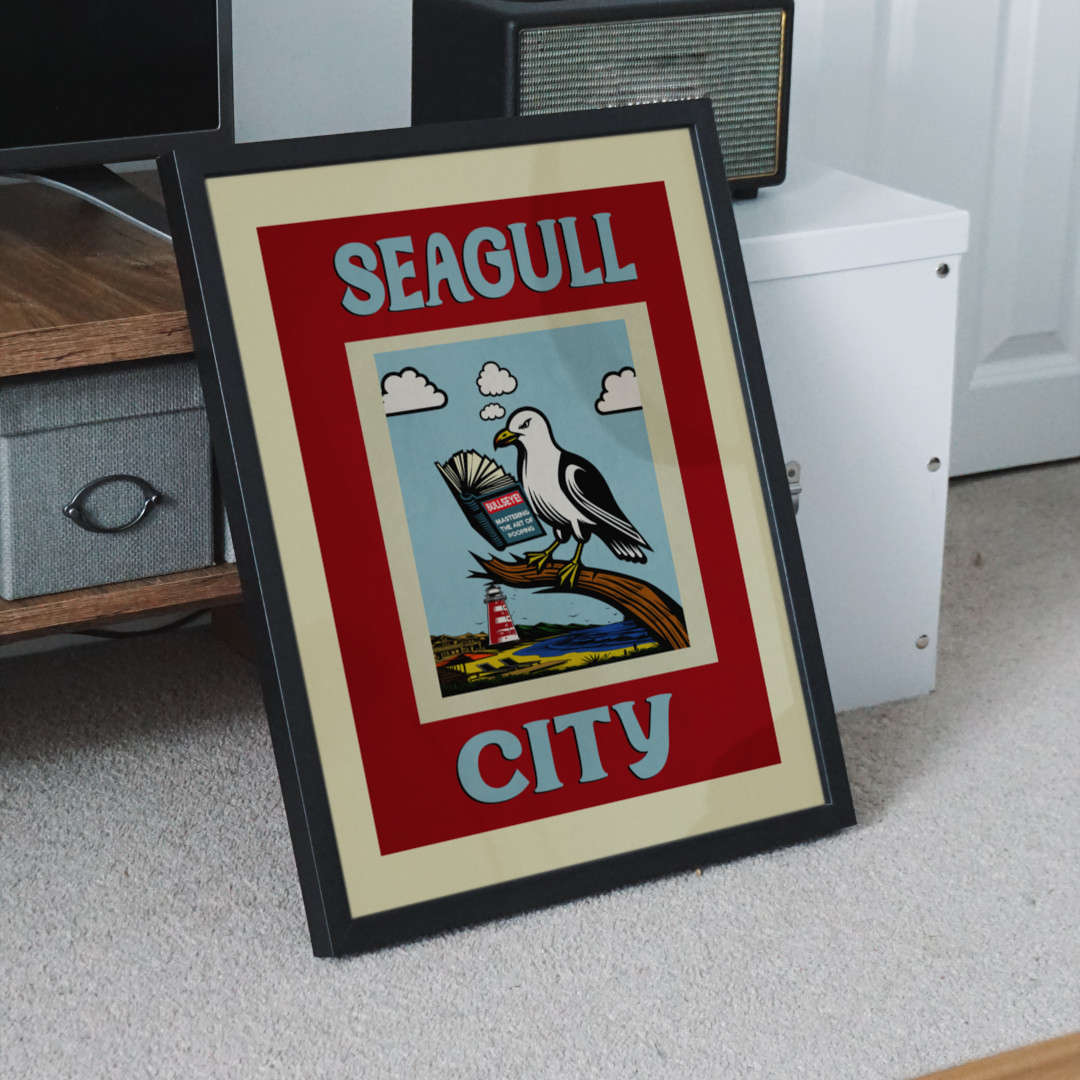 poster of a seagull reading a book about how to poop on people 