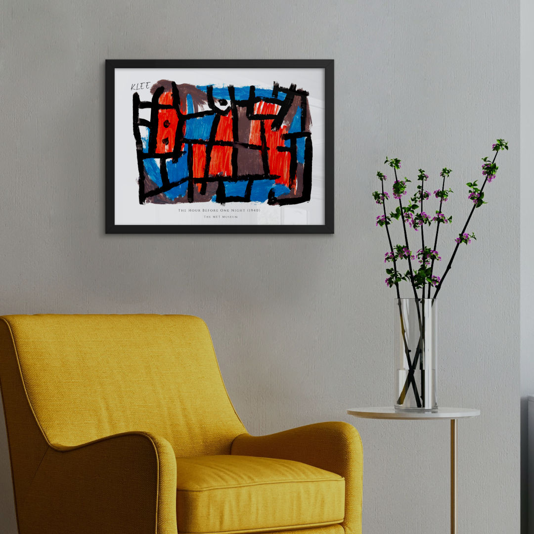 Mockup image of the framed artwork "The Hour Before One Night" by Paul Klee. The captivating composition features geometric forms and vibrant colors, creating a dreamlike scene that invites contemplation. The artwork is showcased in a [black/white/red oak] frame, available in various sizes.