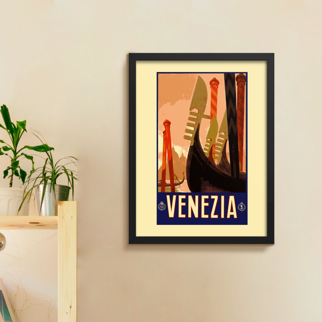 Mockup image of the framed art print featuring a vintage travel poster of Venezia. The captivating composition showcases iconic landmarks and the enchanting waterways of Venice, evoking a sense of wanderlust and nostalgia. The art print is showcased in a [black/white/red oak] frame, available in various sizes.