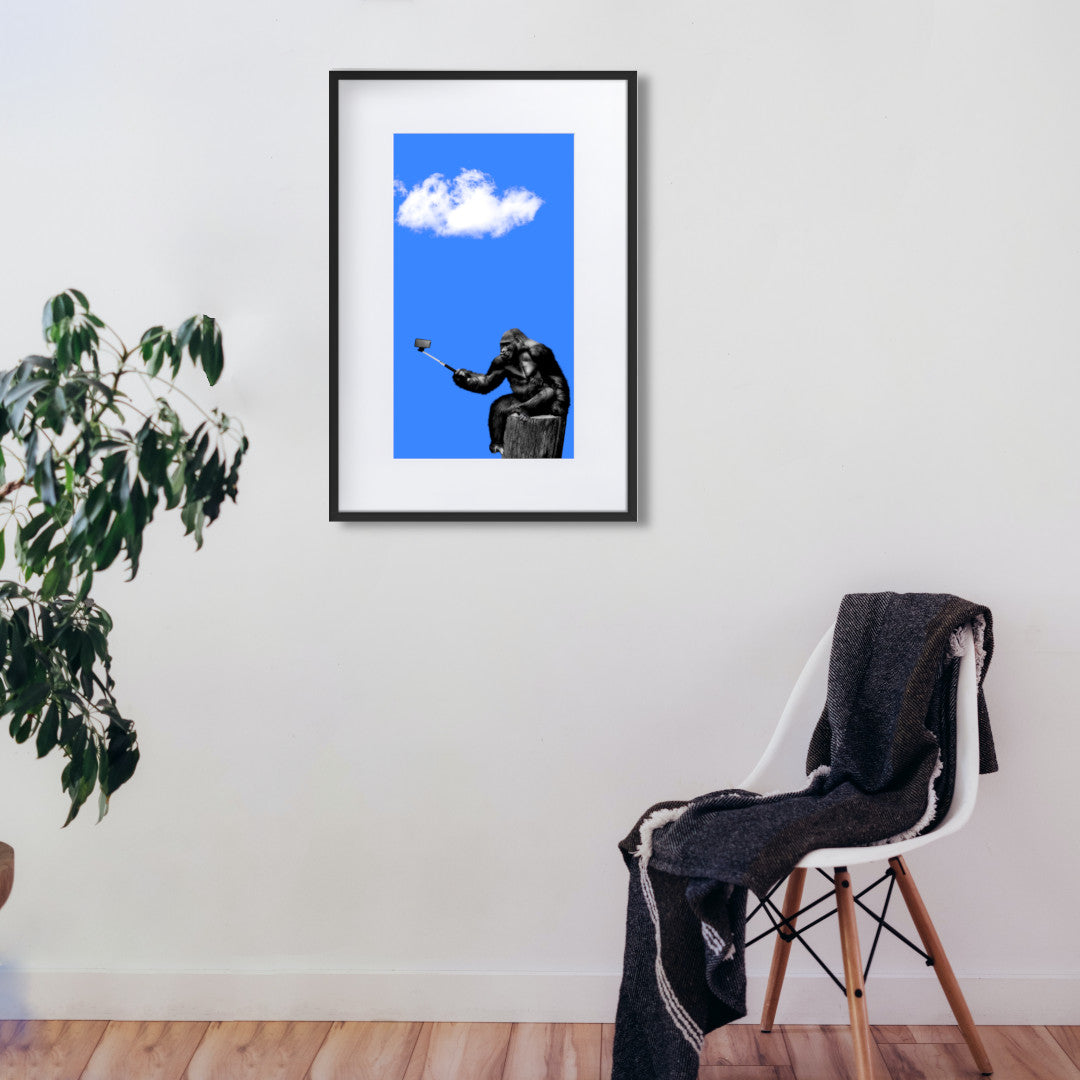 gorilla taking selfie on blue background 