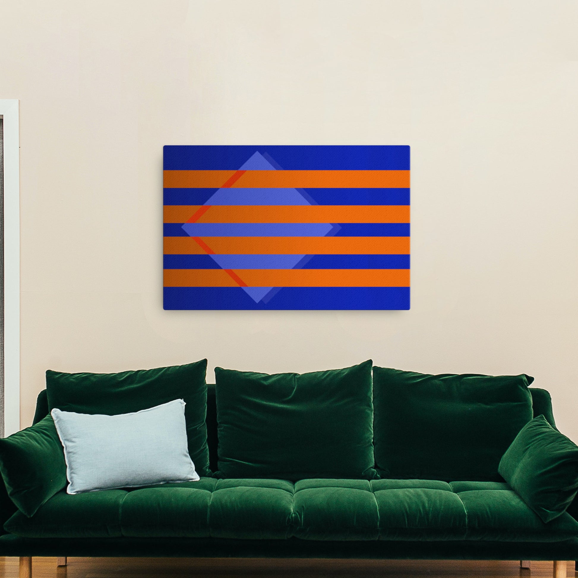 blue and orange canvas wall art print on wall
