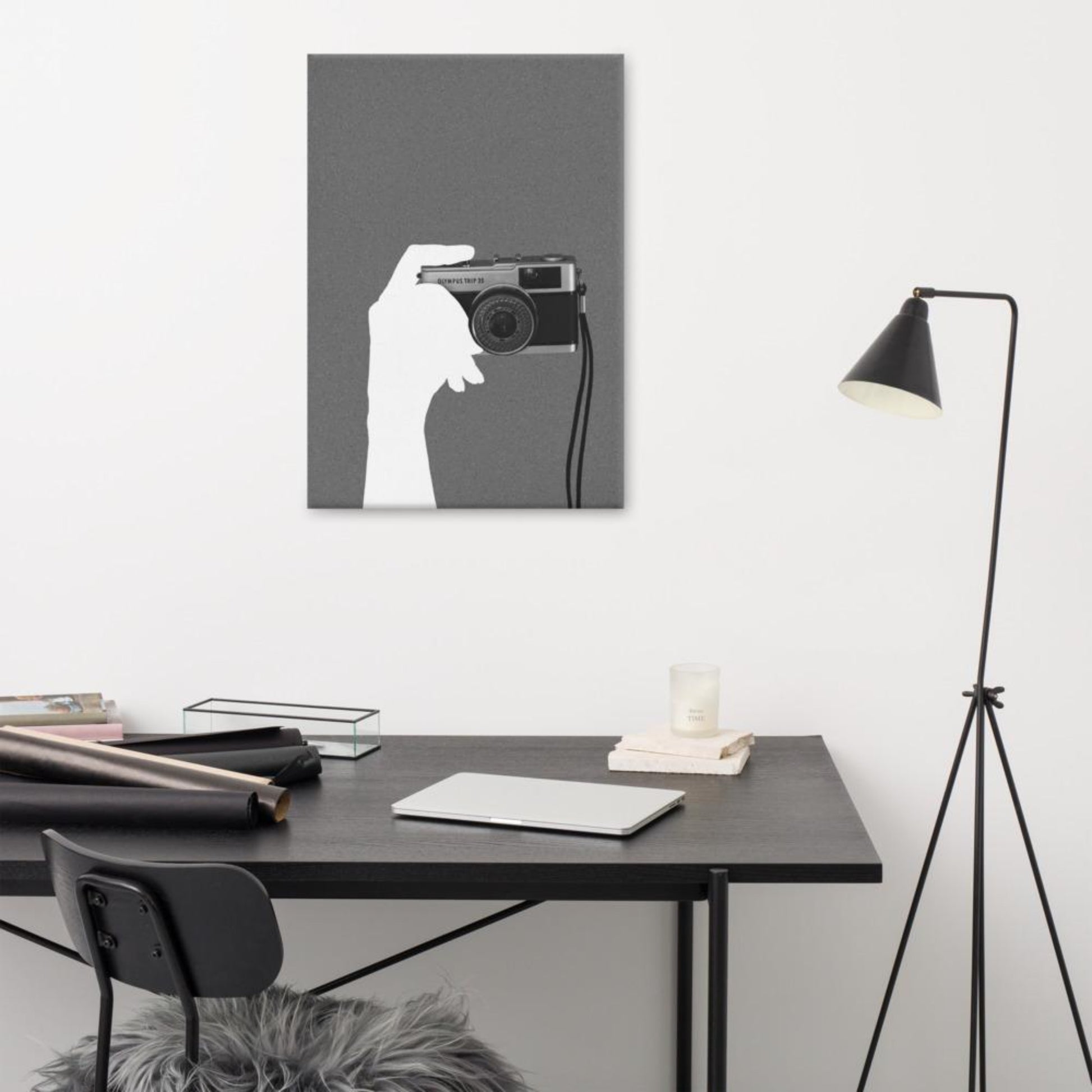 mock-up of Camera in hand black and white canvas print 