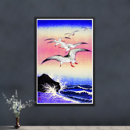 Five Seagulls above turbulent sea (1900 - 1930) by Ohara Koson Poster Print