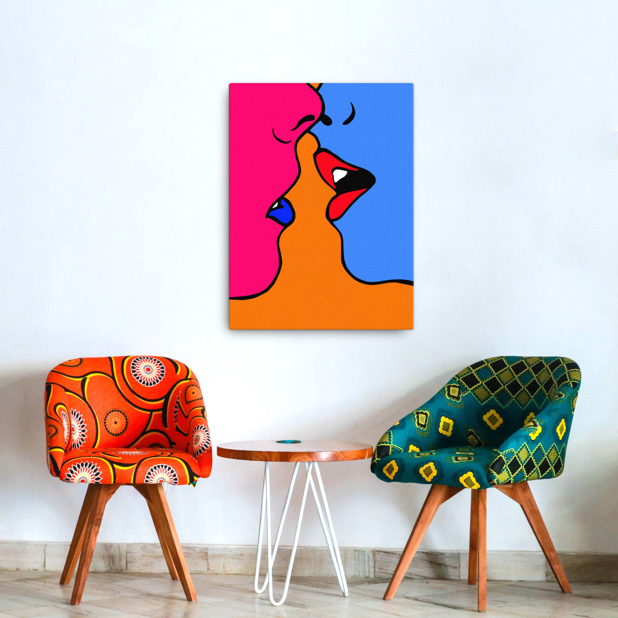 Romantic meets rebellious with the "Kissing in Color" pop art canvas print — a bold, colorful statement piece for modern homes.
