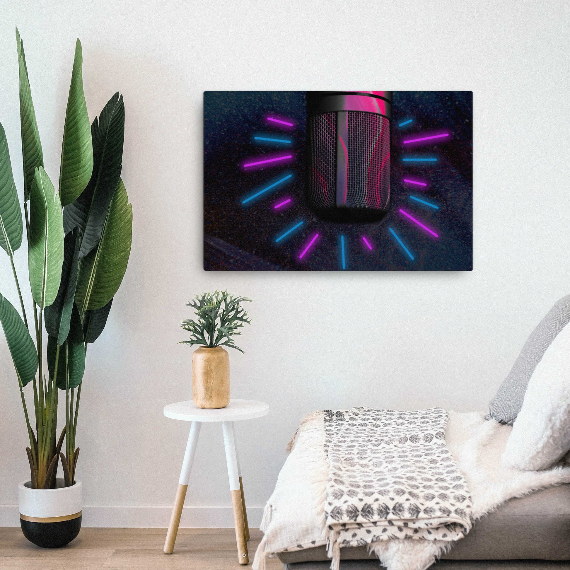 neon mic canvas wall art print 