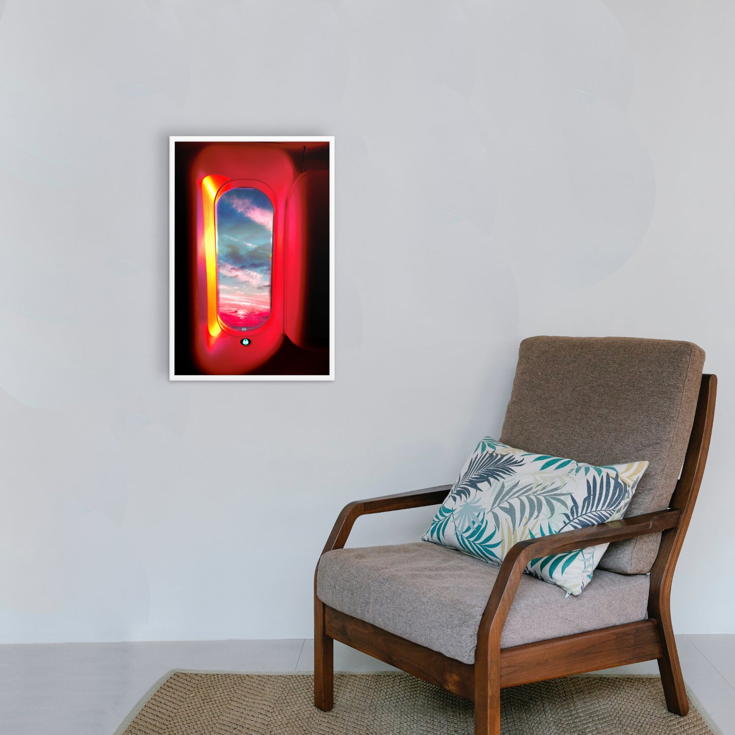 window seat white framed wall art print on wall