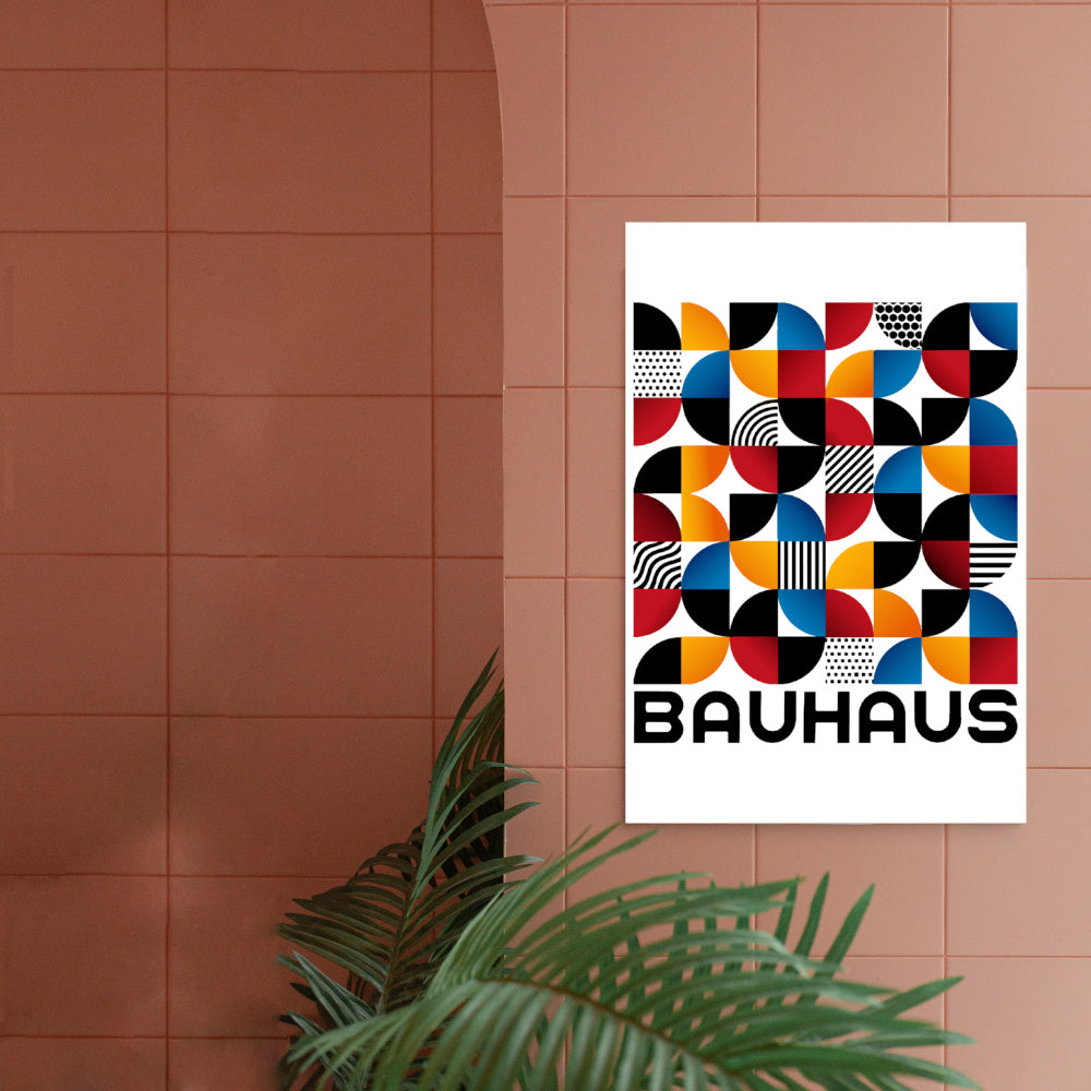 bauhaus poster print on pink wall