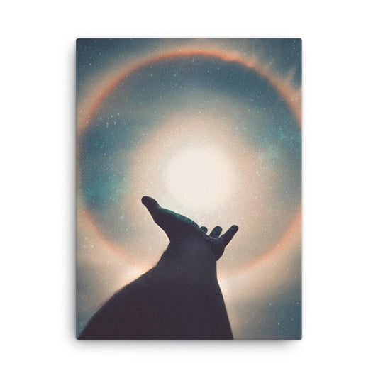 hand reaching out to touch the sky canvas wall art print 