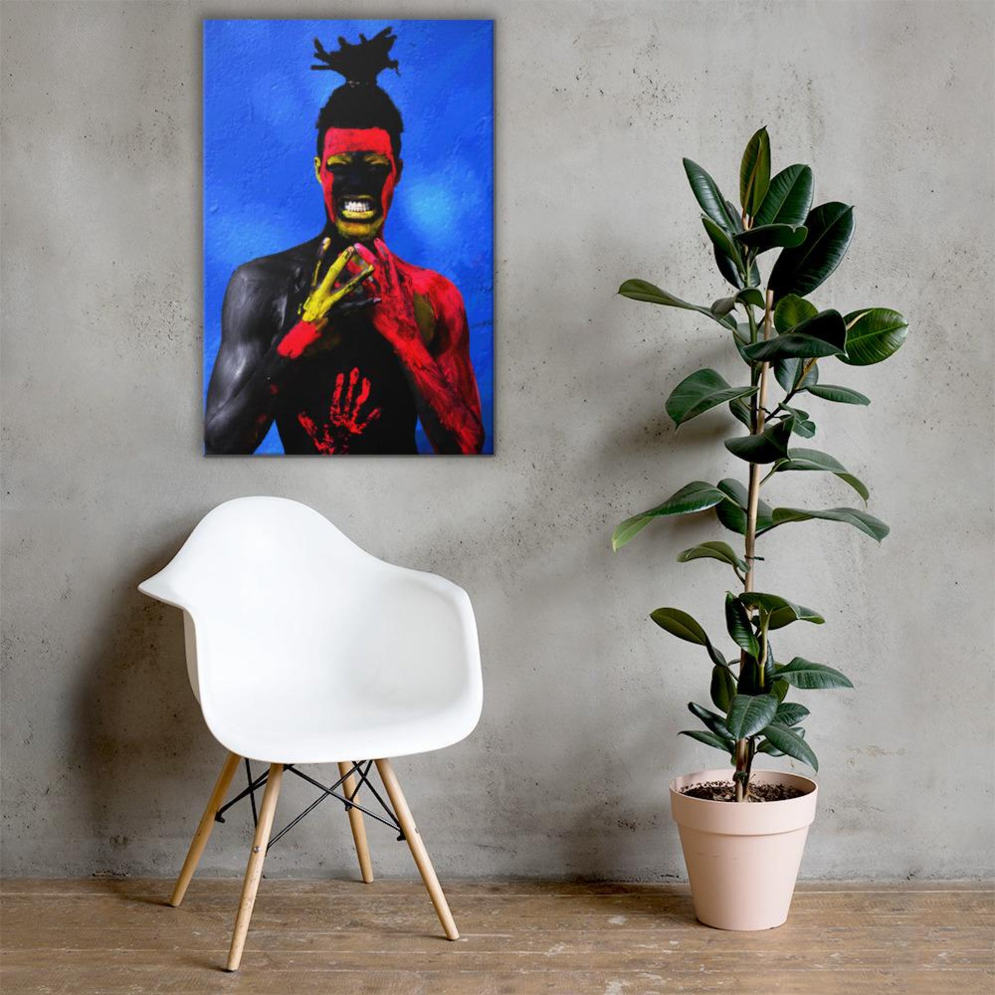 Painted tribal man wall art canvas print mock-up