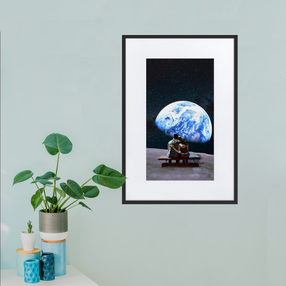 Couple on the Moon Framed Print With Mat Board