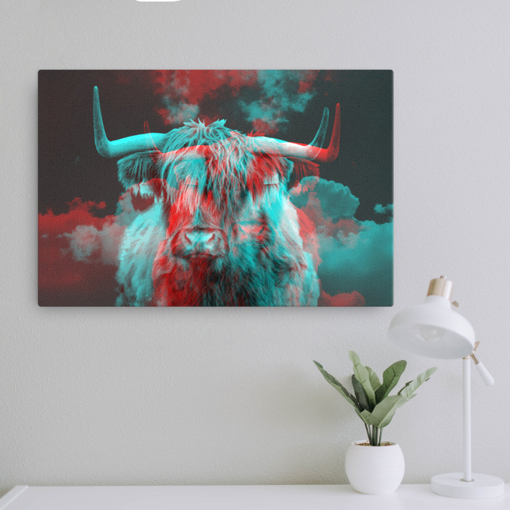 Distorted Highland Cow Canvas in a cosy dining room