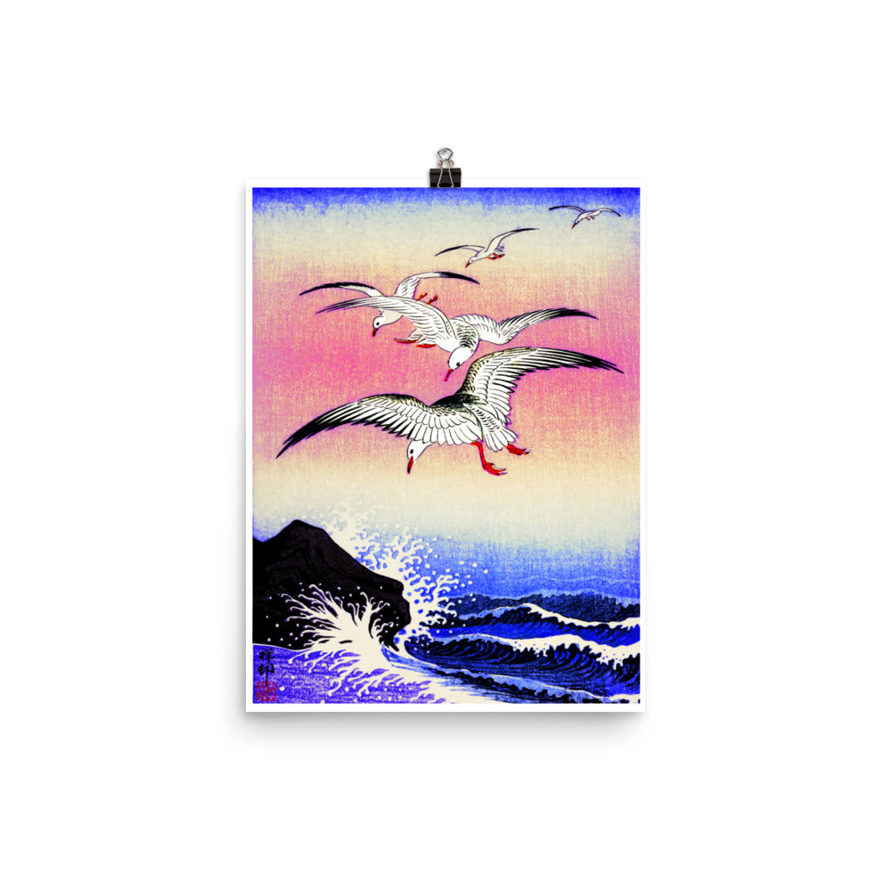 Five Seagulls above turbulent sea (1900 - 1930) by Ohara Koson Poster Print