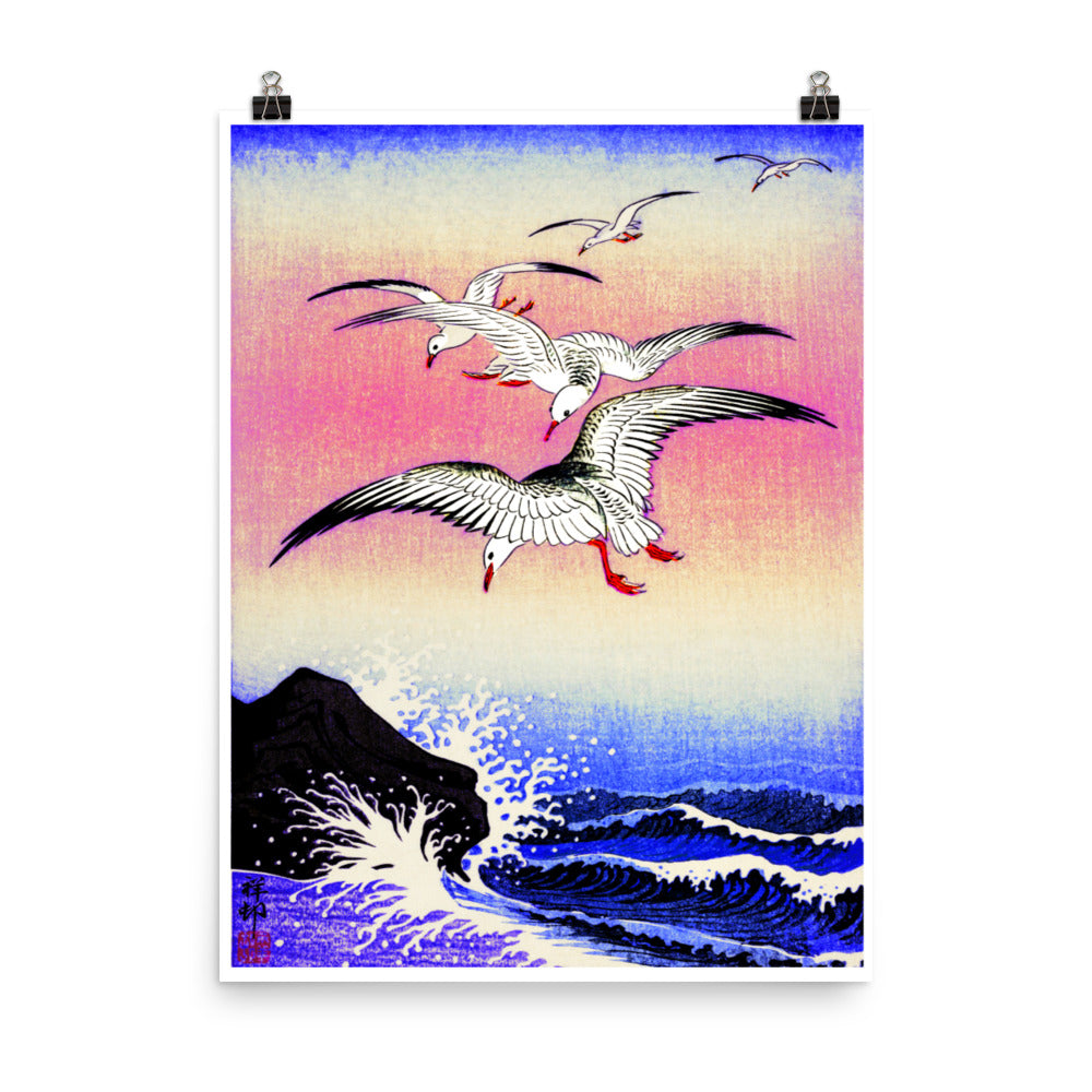 Five Seagulls above turbulent sea (1900 - 1930) by Ohara Koson Poster Print