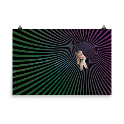 spaceman traveling through space in vortex poster print 