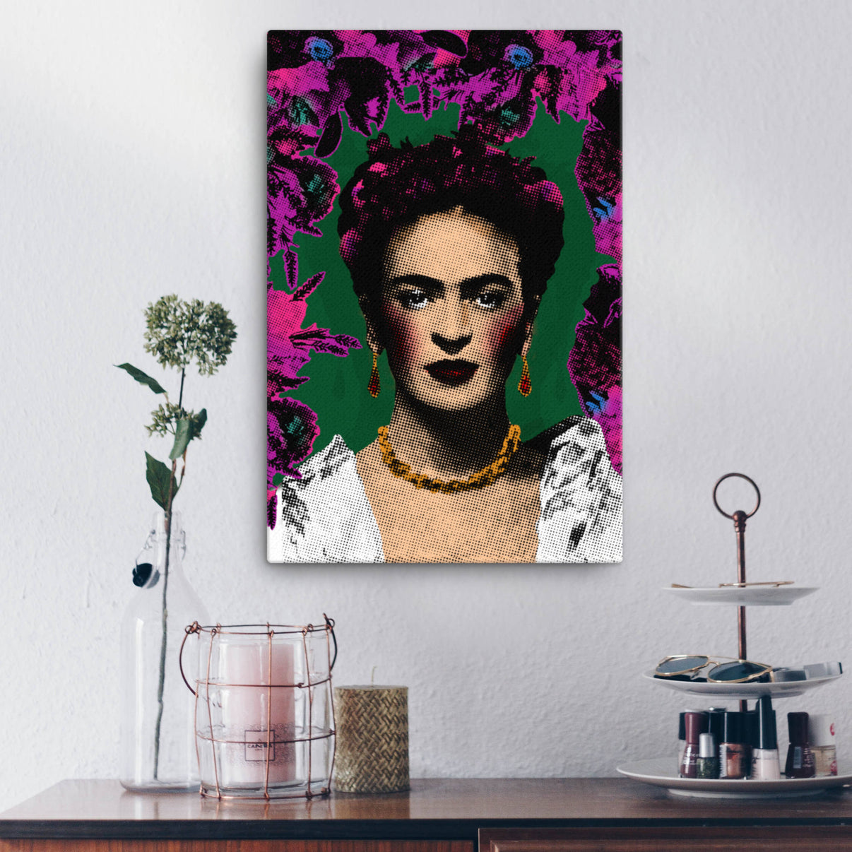 Celebrate artistry and strength with this vibrant "Frida Kahlo" pop art canvas print — a powerful statement for any space.