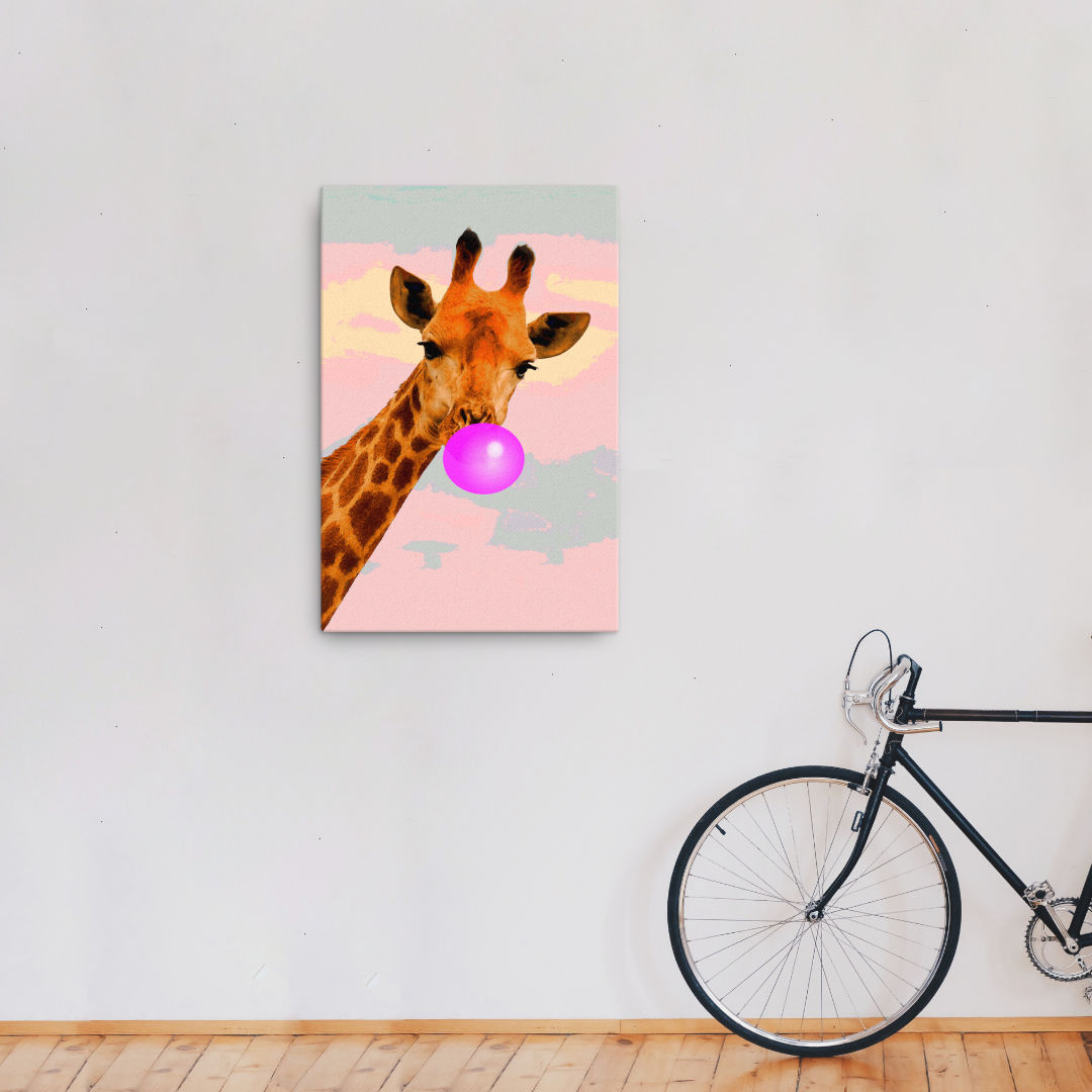 giraffe blowing bubble gum canvas print 