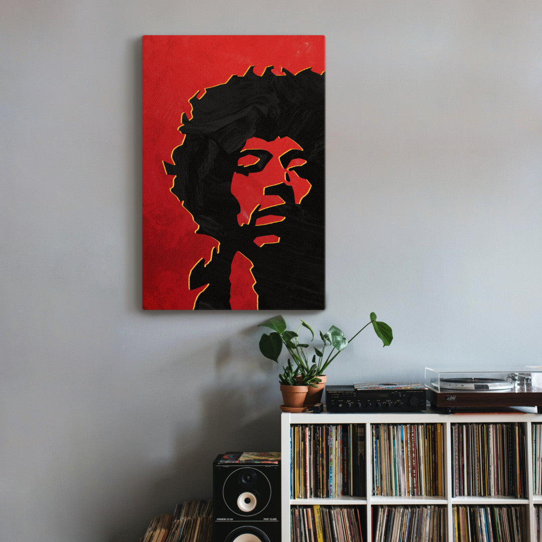 pop art image of musician jimi hendrix on a red background with gold accents 