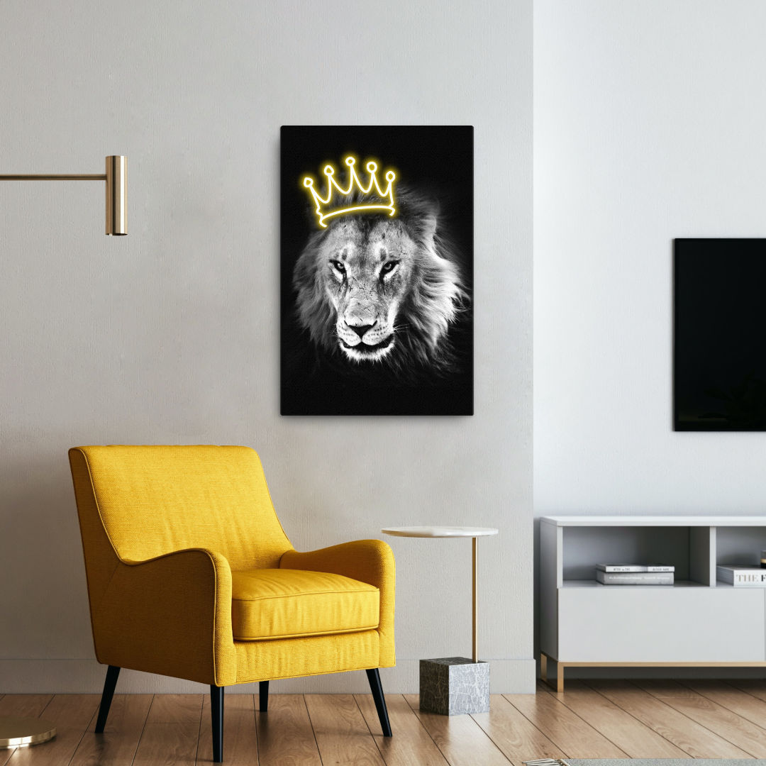 lion wearing neon crown canvas print 