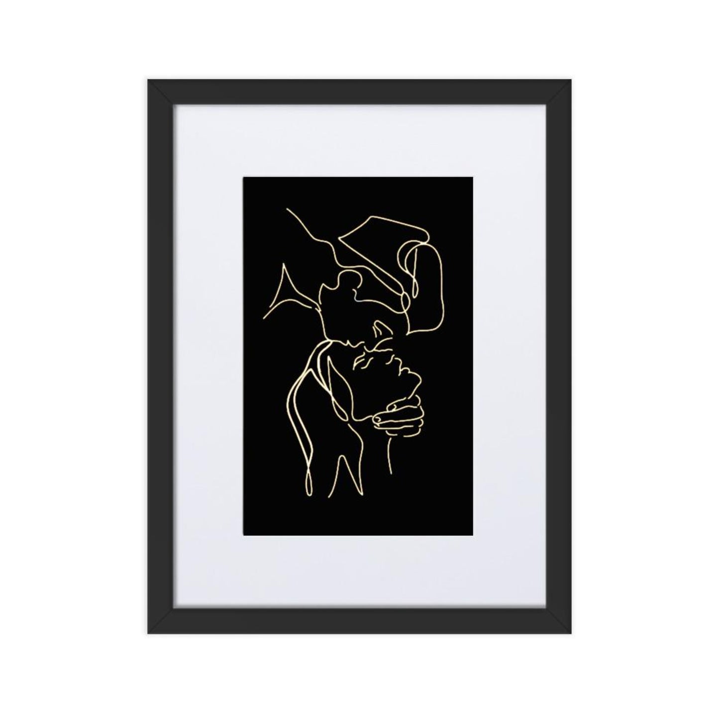 caressing heads white and gold line art framed print