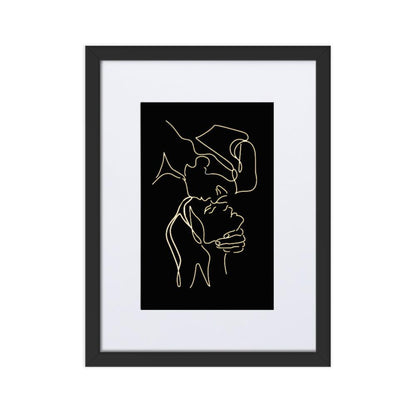 caressing heads white and gold line art framed print