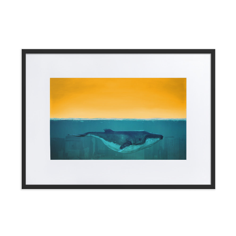 framed blue and yellow abstract whale wall art print