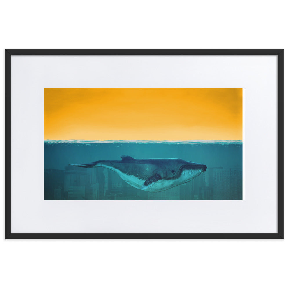 Whale Deep Blue City Framed Print With Mat Board