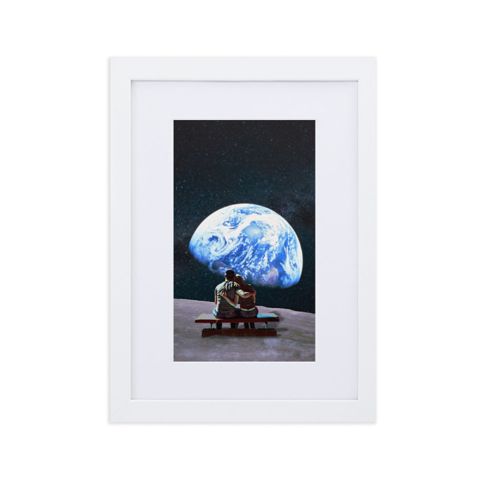 Couple on the Moon Framed Print With Mat Board