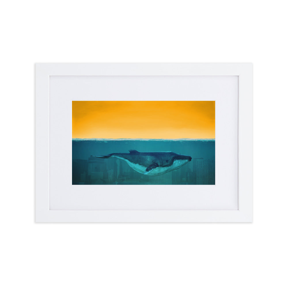 Whale Deep Blue City Framed Print With Mat Board