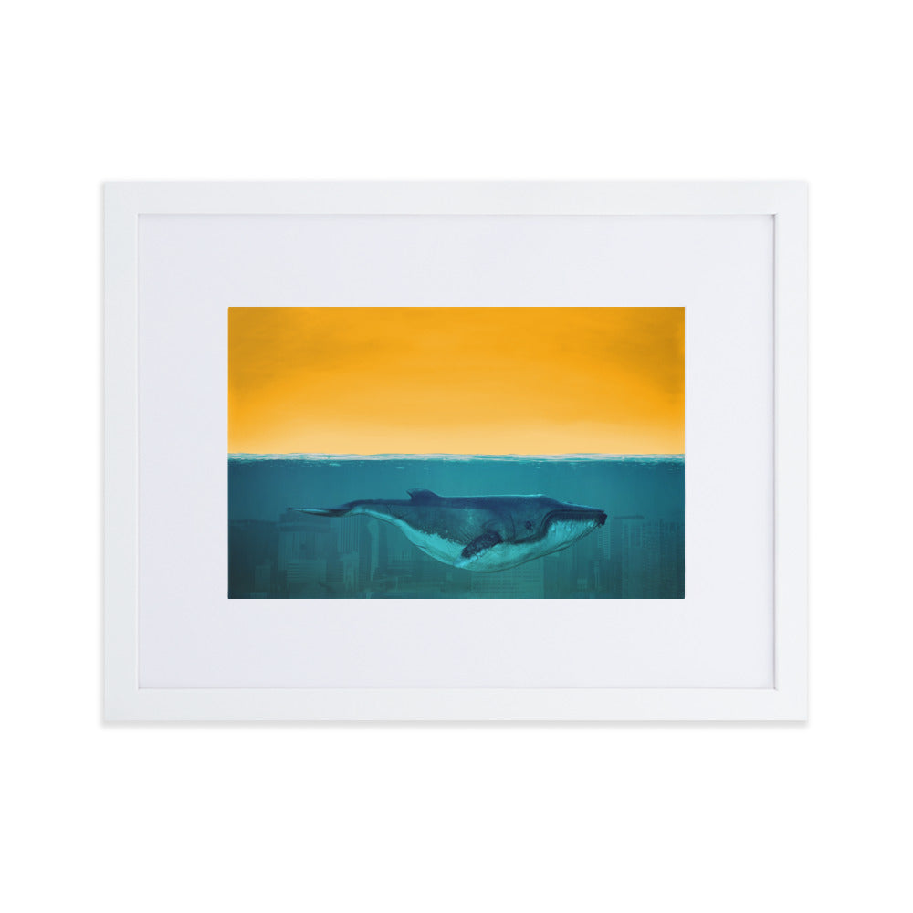 Whale Deep Blue City Framed Print With Mat Board