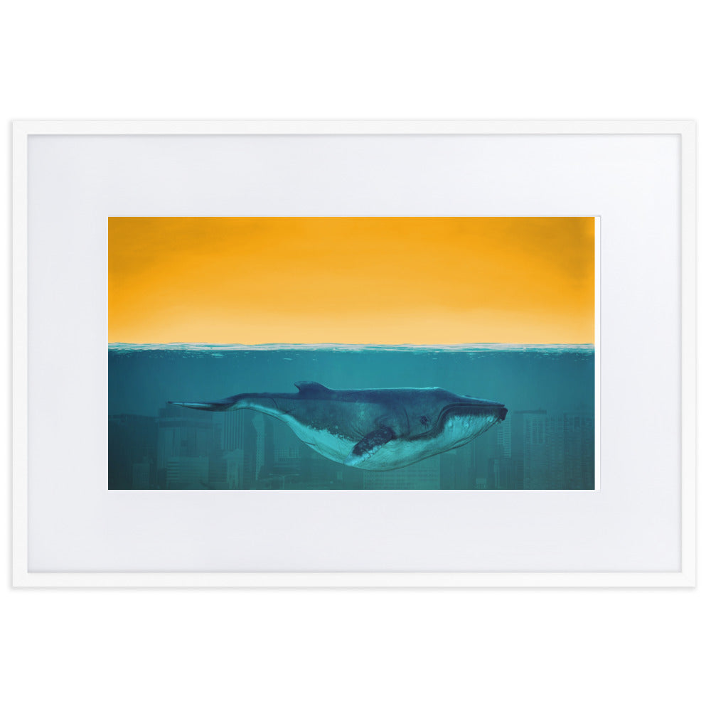 Whale Deep Blue City Framed Print With Mat Board