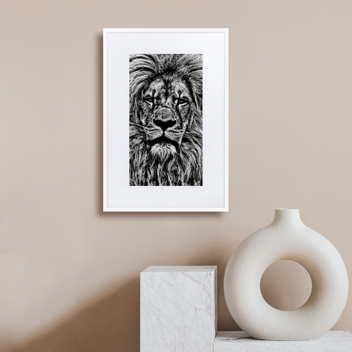 Mono Lion Framed Poster Print in a cosy dining room