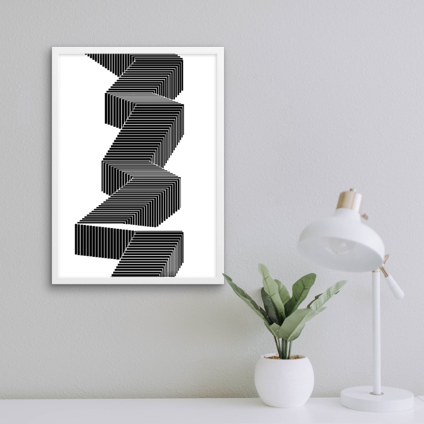 mono steps white framed poster on wall mockup