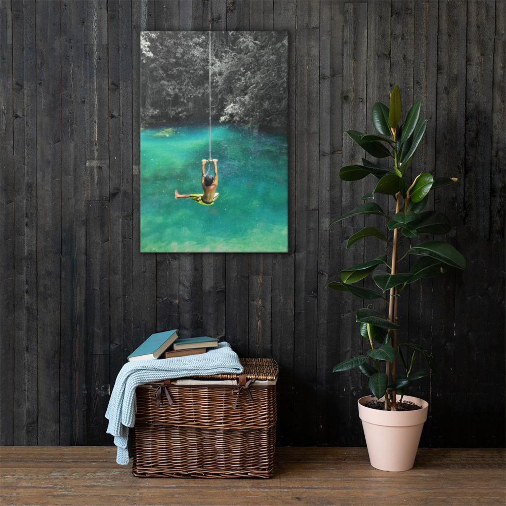 mock-up of kid on rope swing with galaxy background space canvas print. Siargao Philippines 